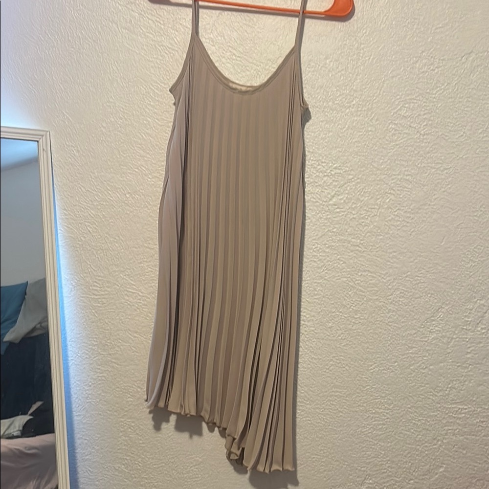See You Monday Tan Pleated Asymmetrical Sundress